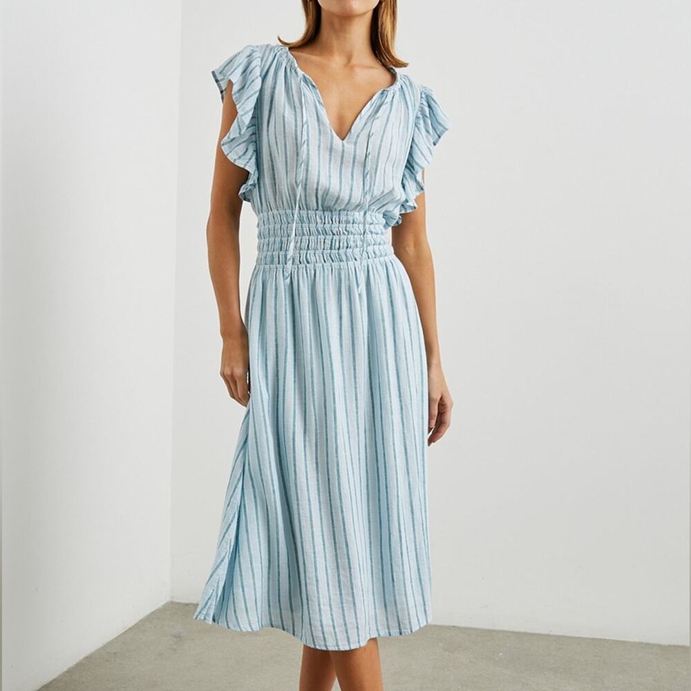 Rails Iona Cambria Striped Midi Dress Flutter Sleeve Linen Blend Sz XS